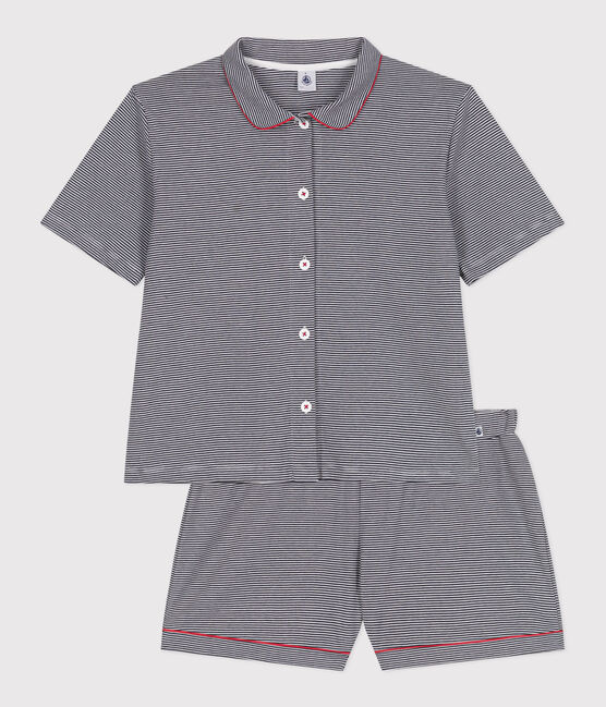 Women's striped buttoned cotton short pajamas SMOKING blue/MARSHMALLOW white
