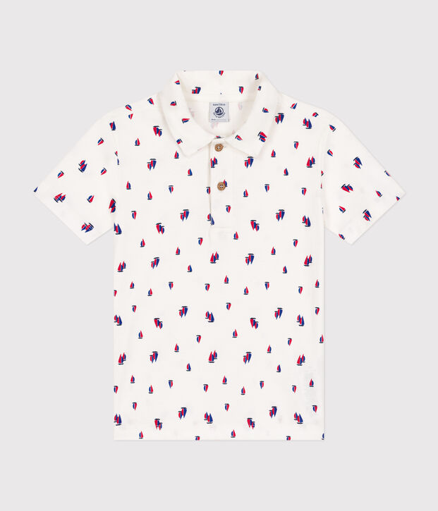 Boys' short-sleeved cotton polo shirt white/multicolor