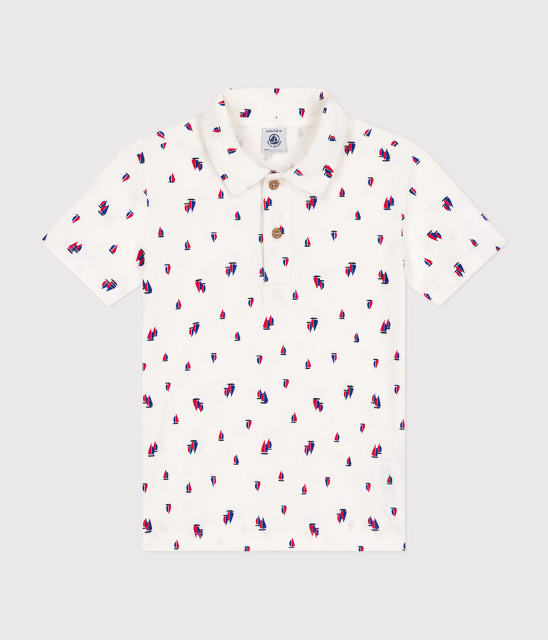 Boys' short-sleeved cotton polo shirt MARSHMALLOW white/MULTICO white