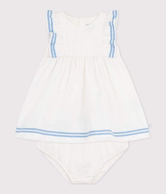 Babies' sleeveless plain cotton dress with matching bloomers MARSHMALLOW white