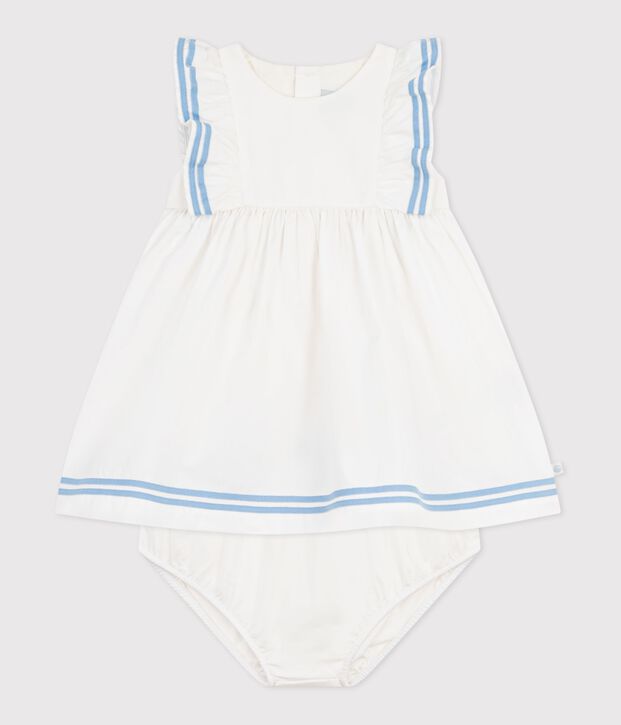 Babies' sleeveless plain cotton dress with matching bloomers white