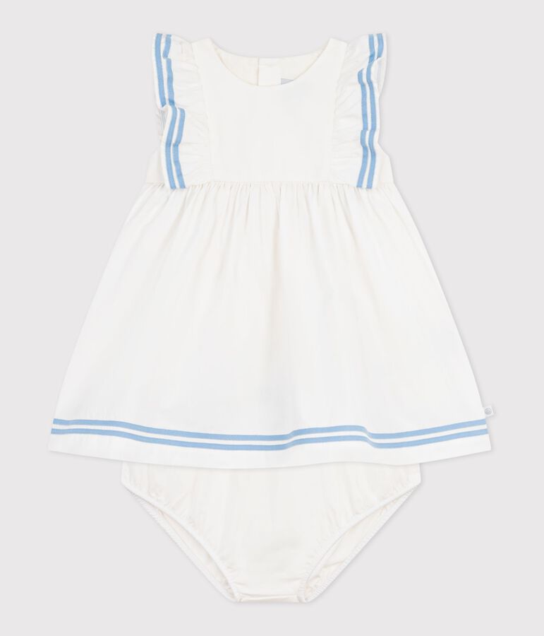 Babies' sleeveless plain cotton dress with matching bloomers white