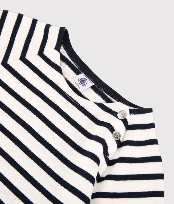 Girls' Short-Sleeved Cotton Dress MARSHMALLOW white/SMOKING blue