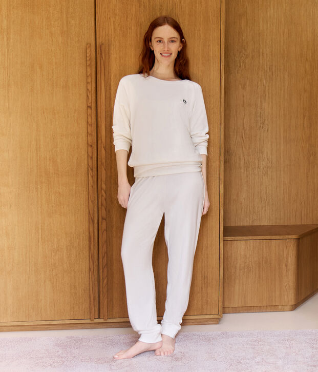 Women's plain cotton terry pyjamas MILK