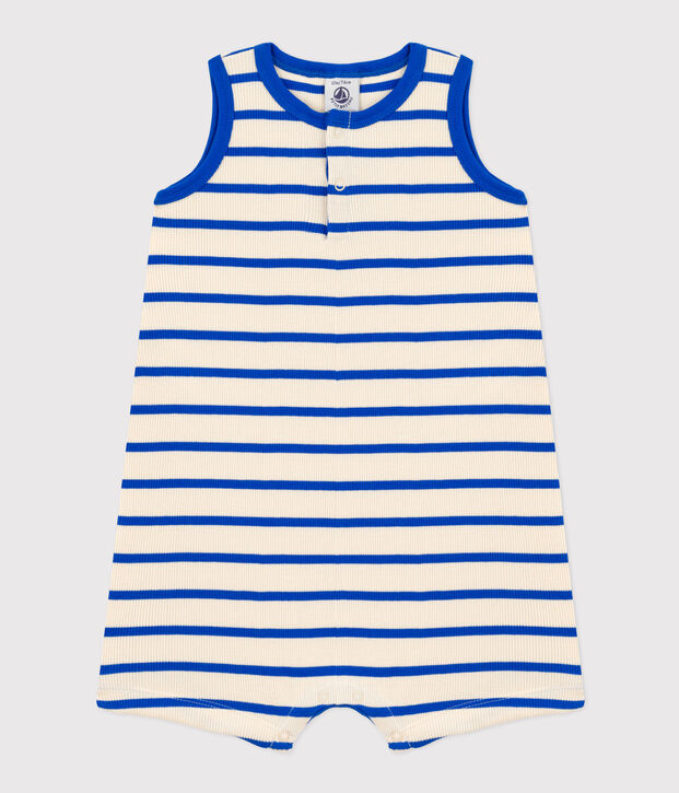 Babies' Striped Rib-Knit Playsuit Ecru/blue