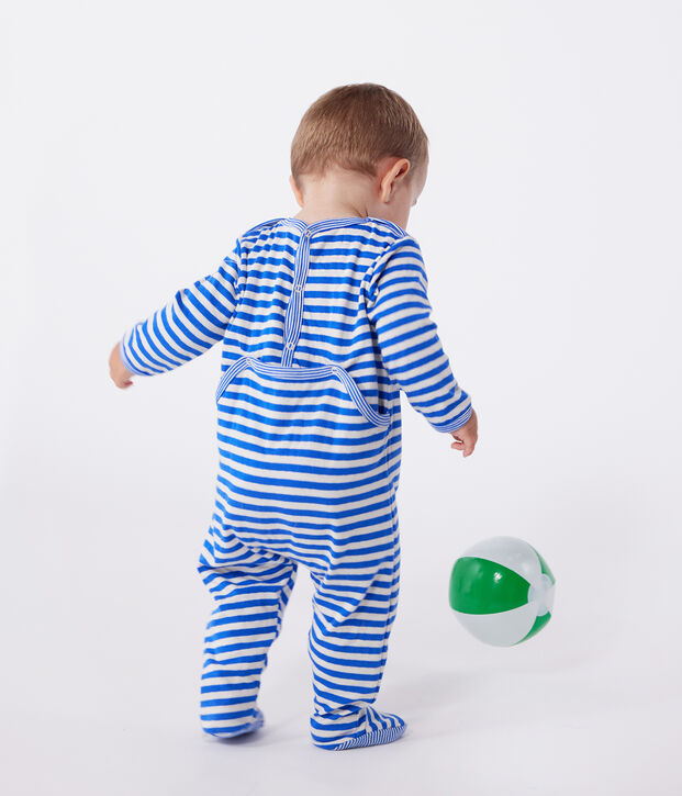 Babies' stripy tube knit pyjamas with a back opening blue/ecru