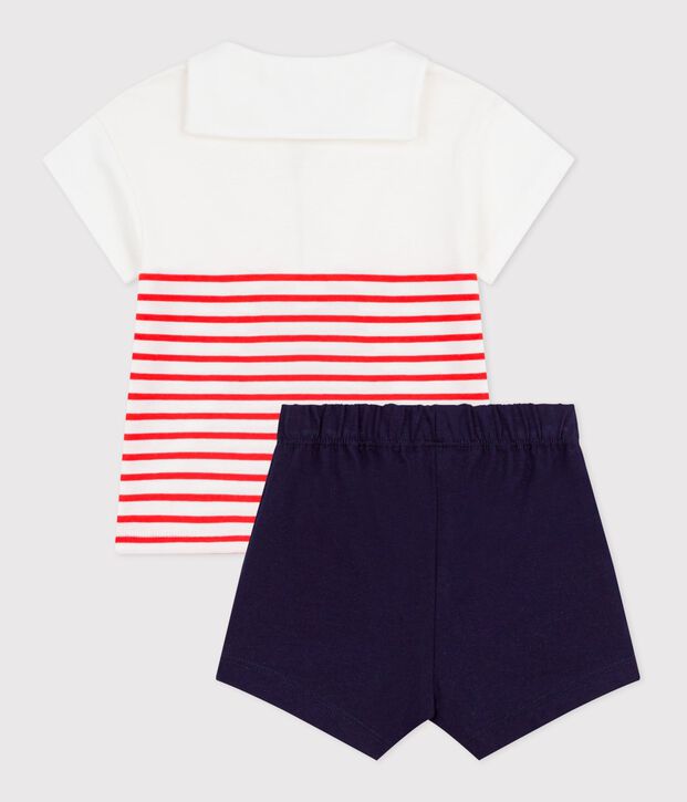 ifBabies' 2-piece cotton outfit, the T-shirt top has a sailor collar white/multicolor