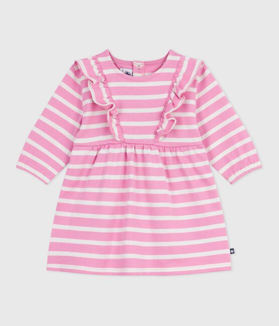 Babies' long-sleeved stripy cotton dress BOUDOIR pink/MILK