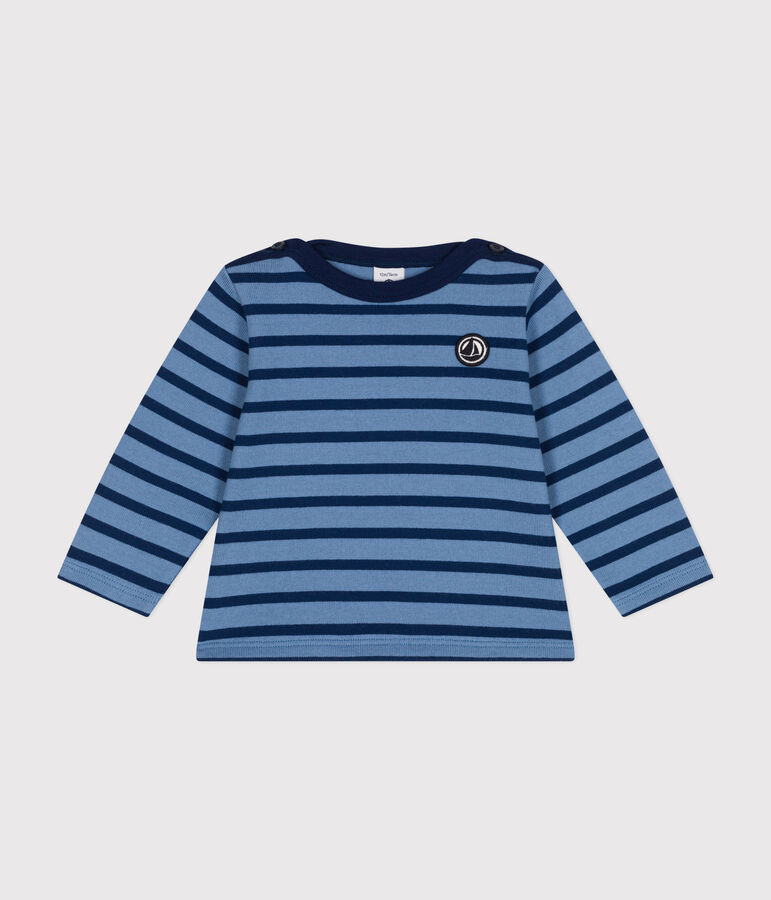 Babies' thick cotton Breton top BEACH blue/MEDIEVAL