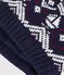Babies' wool and cotton jacquard beanie with a fleece lining blue/ecru/red