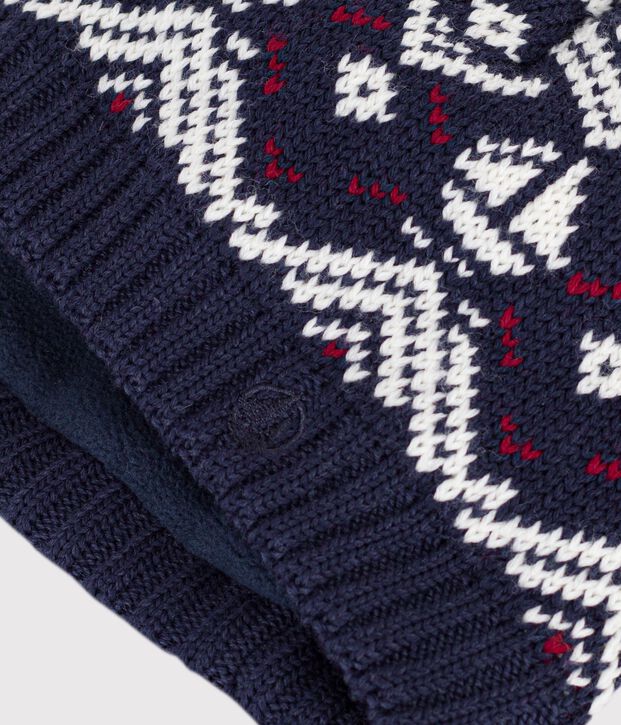 Babies' wool and cotton jacquard beanie with a fleece lining blue/ecru/red