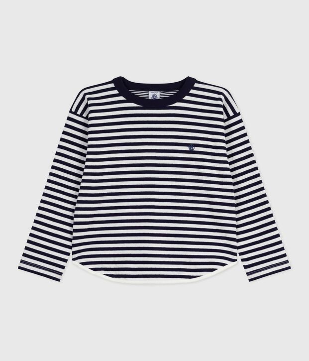Children's long-sleeved stripy cotton T-shirt blue/ecru