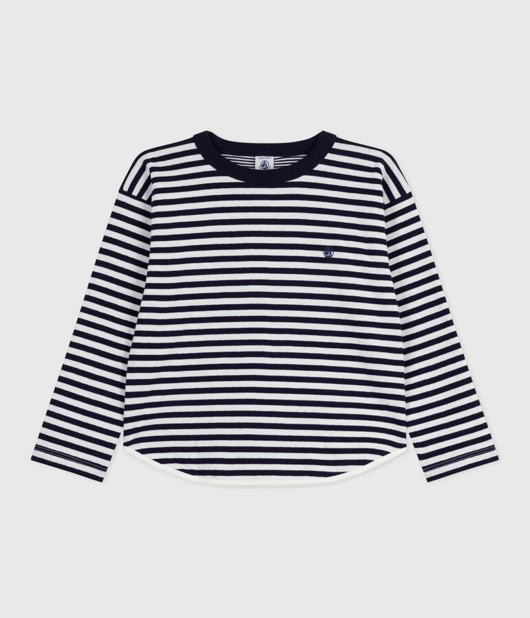 Children's long-sleeved stripy cotton T-shirt blue/ecru