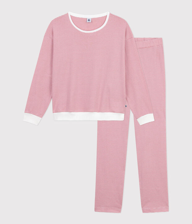 Women's stripy cotton pyjamas pink/white