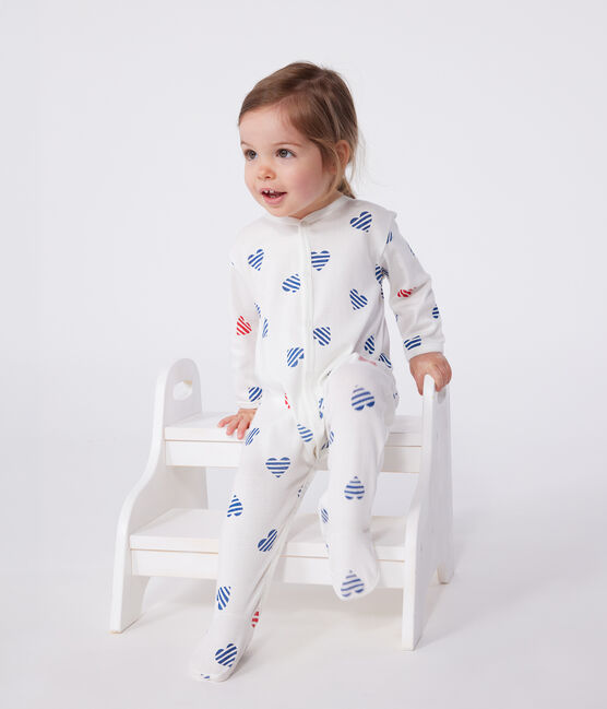 Babies' stripy heart-patterned cotton pyjamas MARSHMALLOW white/MULTICO white