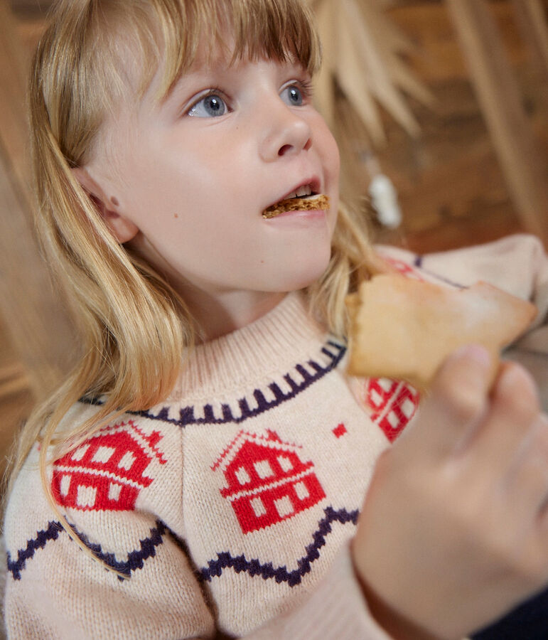 Unisex wool and cotton jacquard knit pullover beige/multicolor