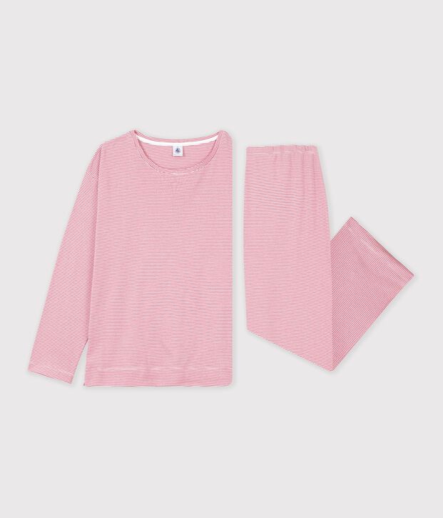 Women's straight-leg stripy cotton pyjamas pink/white