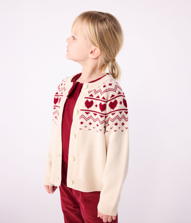 Children's cotton and wool patterned jacquard cardigan Ecru/red