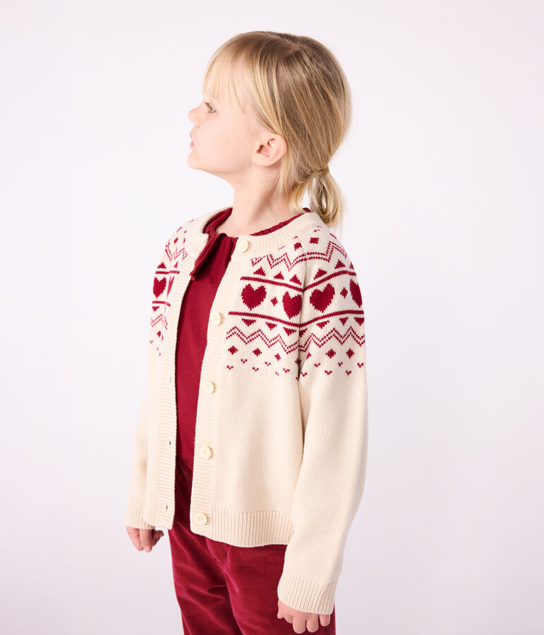 Children's cotton and wool patterned jacquard cardigan Ecru/red