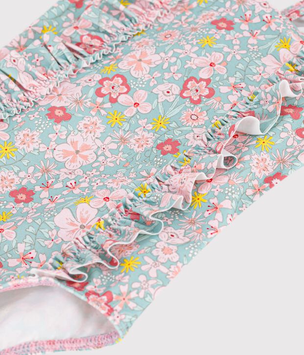 Babies' one-piece swimsuit with ruffles and a flower print. blue/multicolor