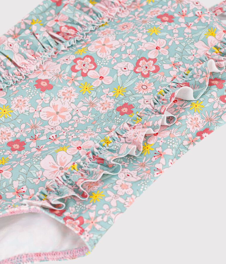 Babies' one-piece swimsuit with ruffles and a flower print. blue/multicolor