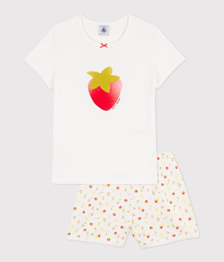 Children's short cotton pyjamas printed with fruit MARSHMALLOW white/MULTICO white