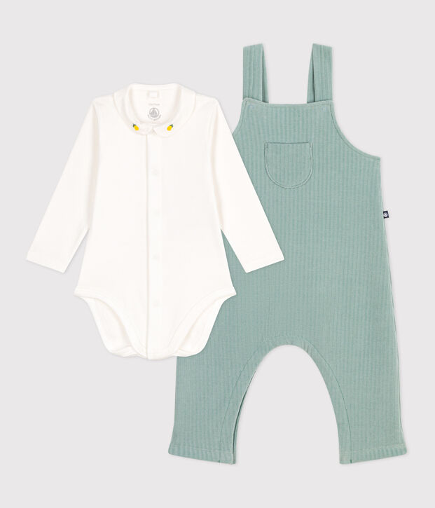 Newborn baby set with dungarees and an embroidered cotton body green