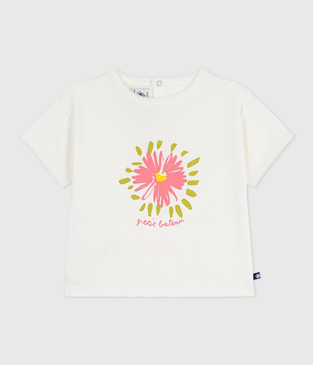 Babies' short-sleeved cotton T-shirt with a flower motif white