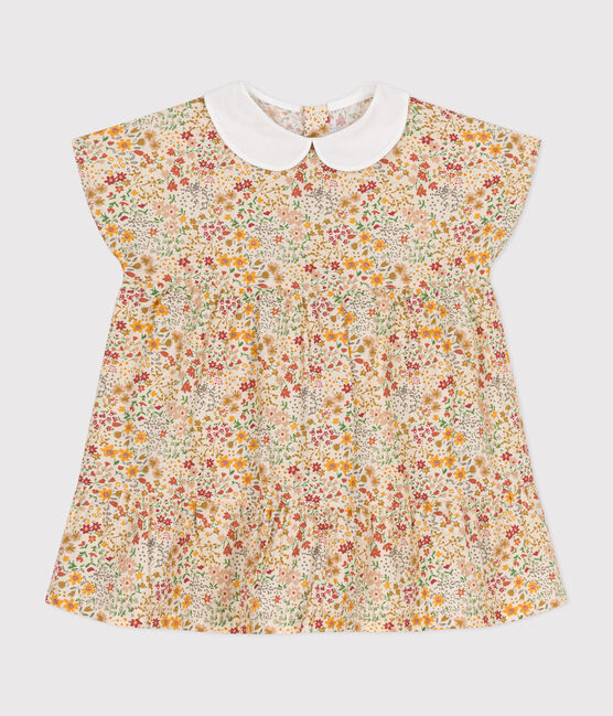 Babies' short-sleeved poplin rress AVALANCHE white/MULTICO