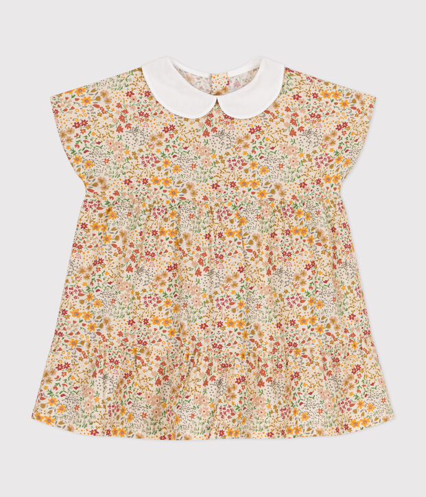 Babies' short-sleeved poplin rress Ecru/multicolor