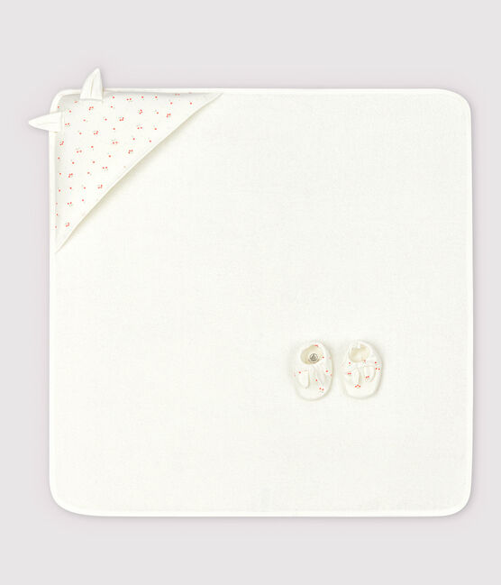 Babies' Square Bath Towel and Bootees Set in Terry and Organic Cotton MARSHMALLOW white/MULTICO white
