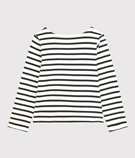 Girls' Cotton Breton Top MARSHMALLOW white/SMOKING blue