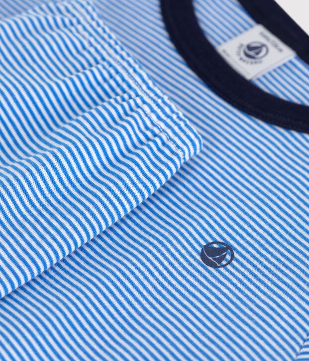 Children's short-sleeved long-leg stripy cotton pyjamas blue/white