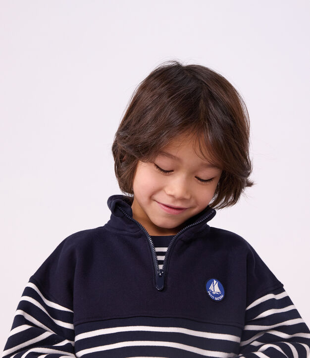 Children's stripy shawl collared cotton sweatshirt blue/white