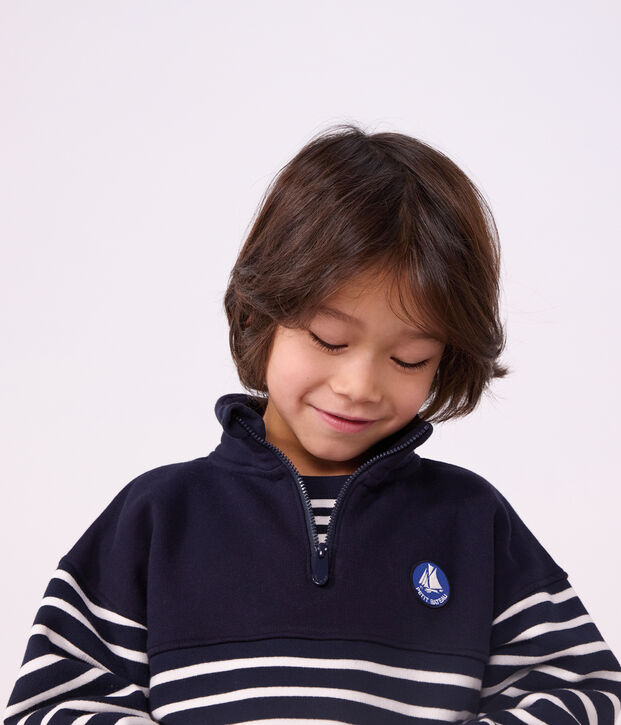 Children's stripy shawl collared cotton sweatshirt blue/white