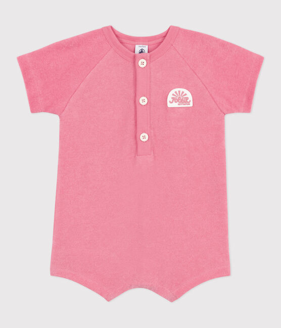 Babies' short-sleeved plain cotton towelling playsuit with a badge PEONIA pink