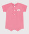 Babies' short-sleeved plain cotton towelling playsuit with a badge PEONIA pink