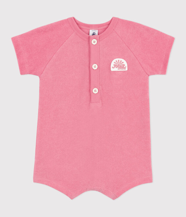 Babies' short-sleeved plain cotton towelling playsuit with a badge pink