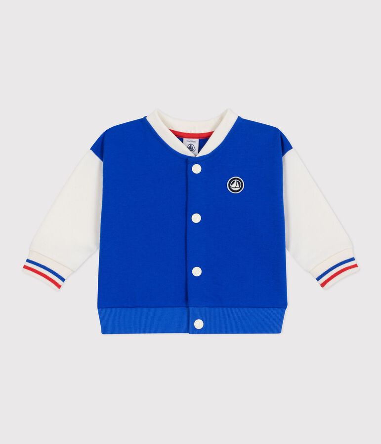 Babies' varsity-style jacket in colourblock cotton blue/ecru