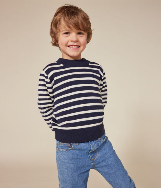 Children's Striped Wool and Cotton Pullover SMOKING blue/MARSHMALLOW white