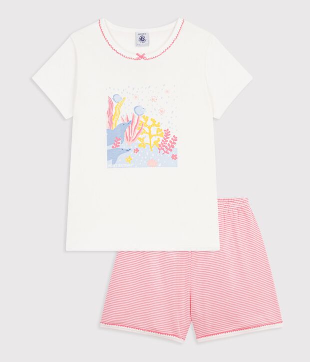 Children's short cotton pyjamas with an ocean design white/pink