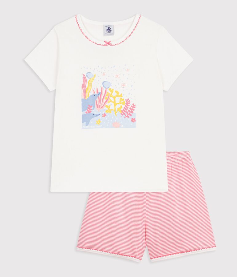 Children's short cotton pyjamas with an ocean design white/pink
