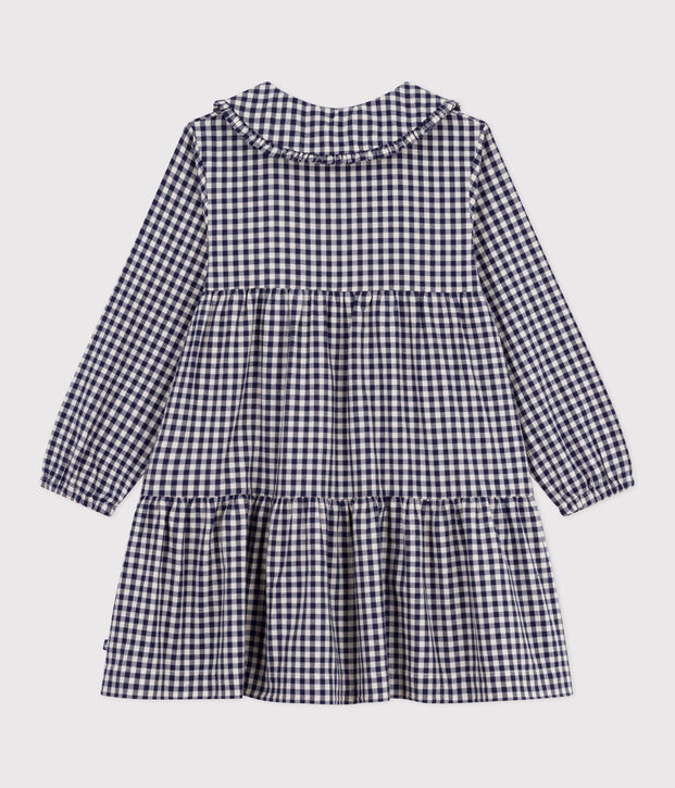 Children's long-sleeved checked flannel dress blue/ecru