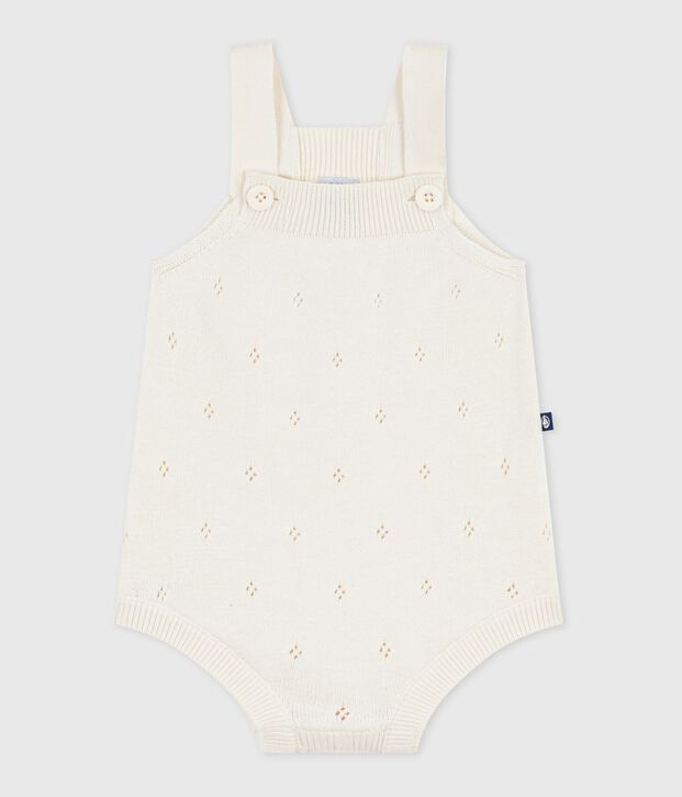 Babies' short openwork knit cotton playsuit MILK