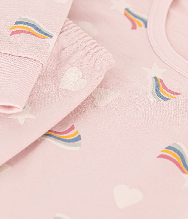 Children's brushed fleece pyjamas printed with stars and hearts pink/multicolor