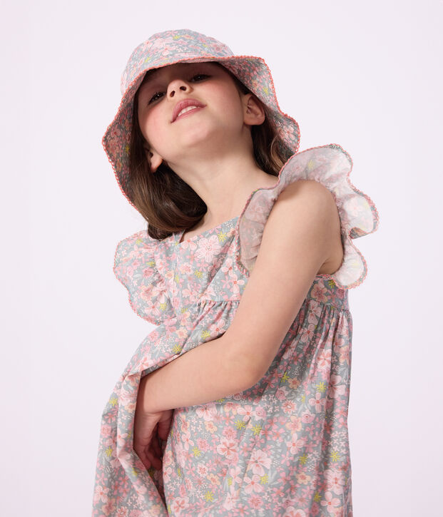 Children's floppy sun hat in floral-print poplin blue/multicolor