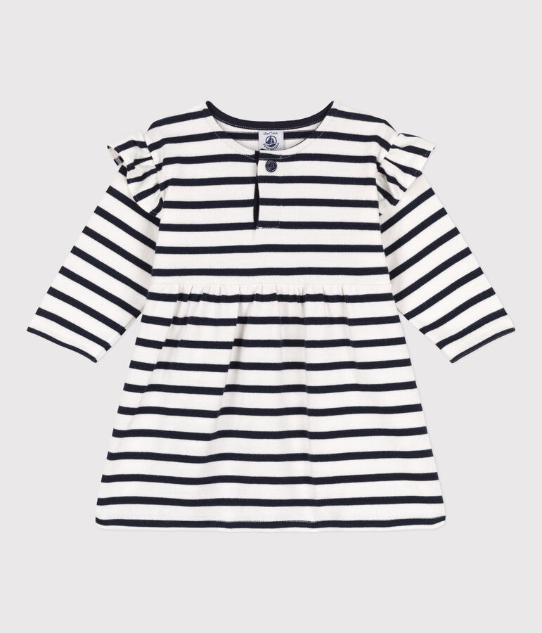 Babies' Long-Sleeved Thick Stripy Jersey Breton Dress white/blue