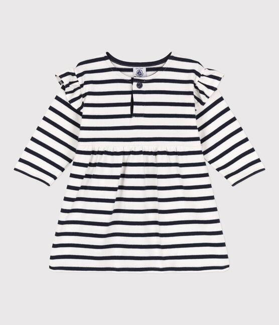 Babies' Long-Sleeved Thick Stripy Jersey Breton Dress MARSHMALLOW white/SMOKING blue
