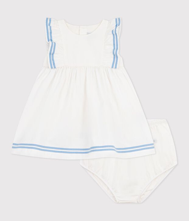 Babies' sleeveless plain cotton dress with matching bloomers white