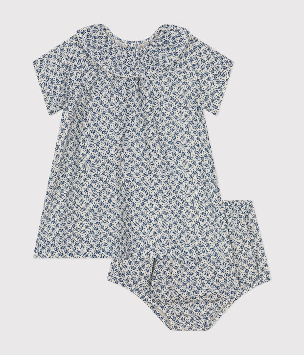 Babies' Cotton Gauze Short-Sleeved Dress and Bloomers Ecru/blue
